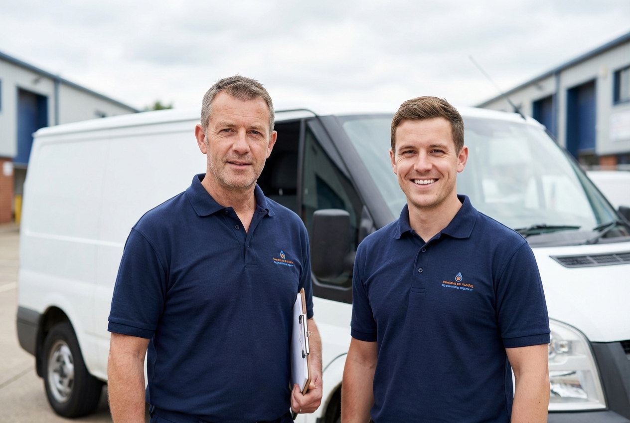 Two Thames Plumber Services engineers standing in front of their work van
