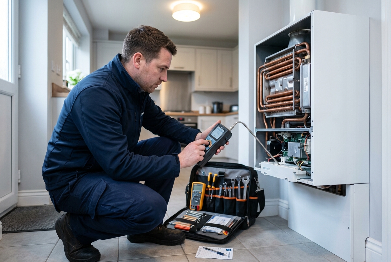 Gas engineer servicing a domestic boiler with professional diagnostic equipment